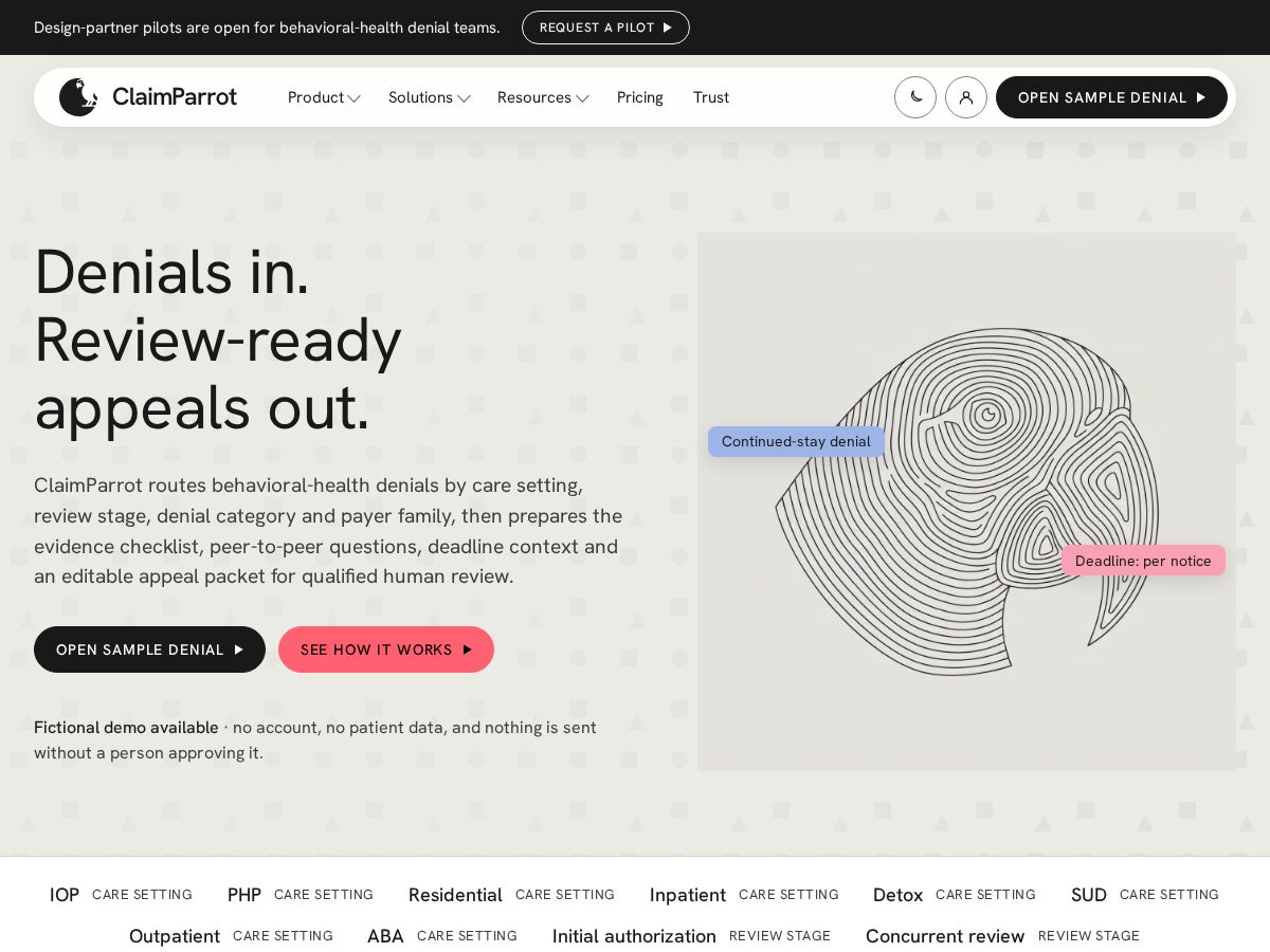 Landing-page snapshot of claimparrot.com
