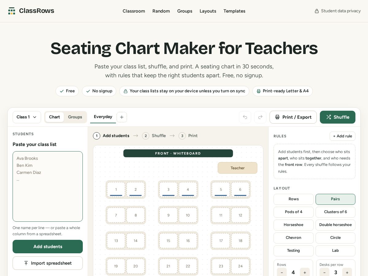 Landing-page snapshot of classrows.com