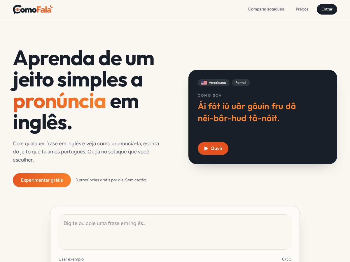 Landing-page snapshot of comofala.com