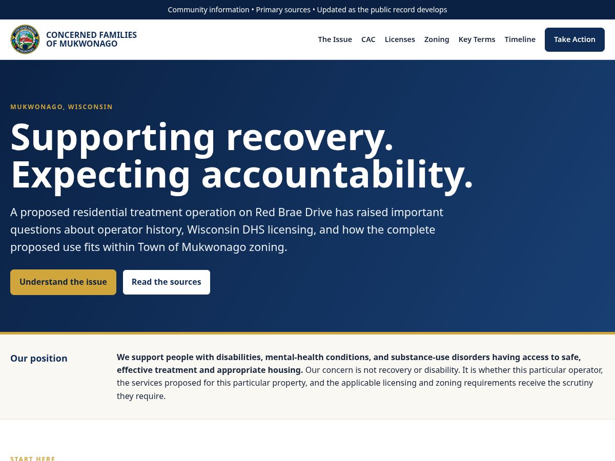 Landing-page snapshot of concernedfamiliesofmukwonago.org