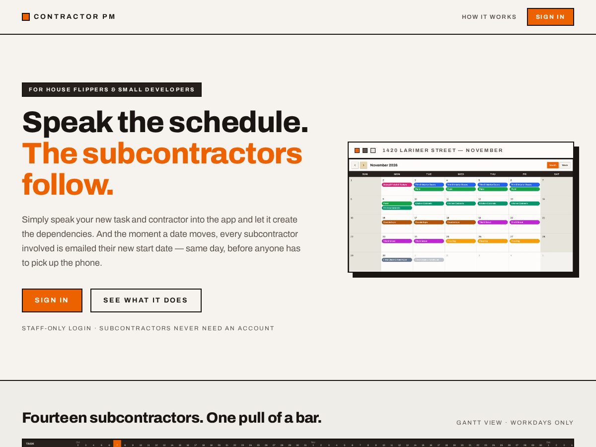 Landing-page snapshot of contractorpm.app