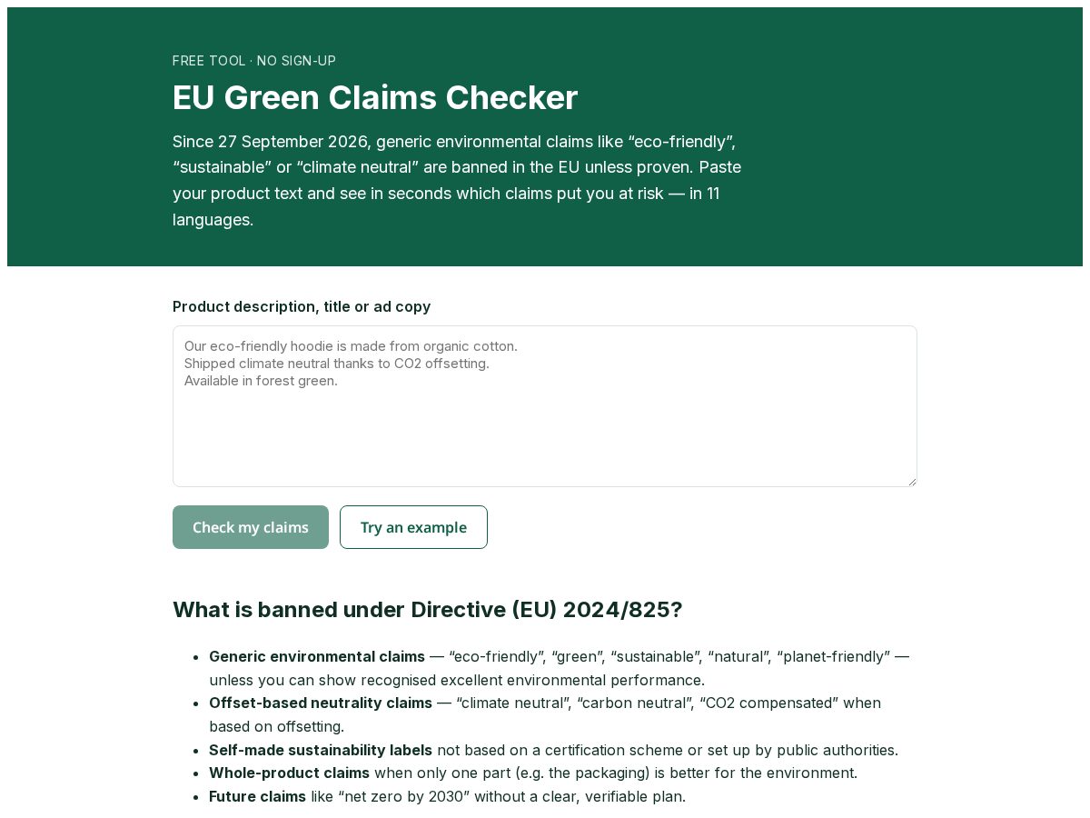 Landing-page snapshot of ecoclaimcheck.com