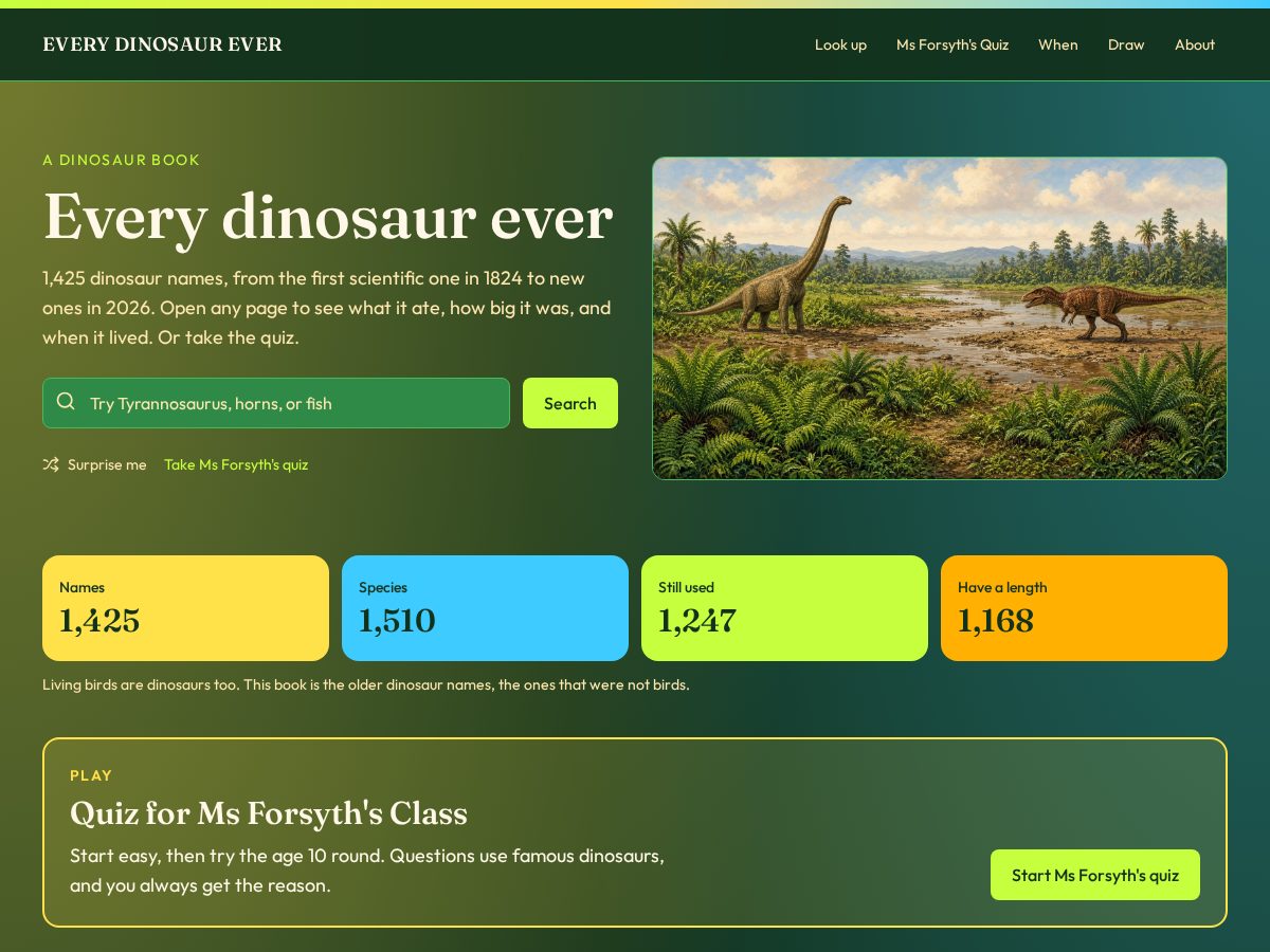 Landing-page snapshot of everydinosaurever.com