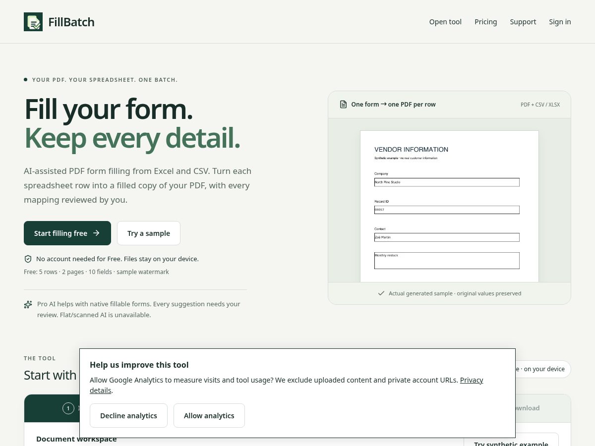 Landing-page snapshot of fillbatch.com