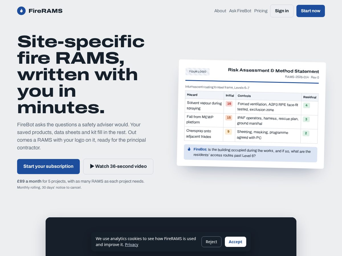 Landing-page snapshot of firerams.com