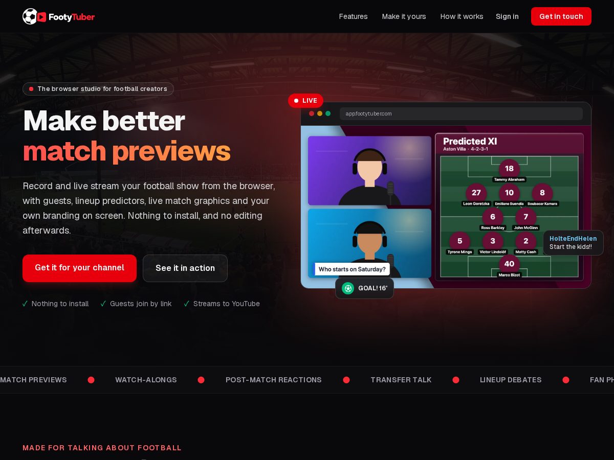 Landing-page snapshot of footytuber.com