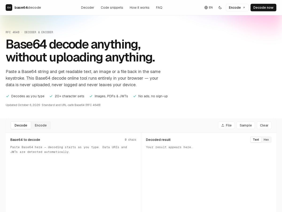 Landing-page snapshot of freebase64decode.com