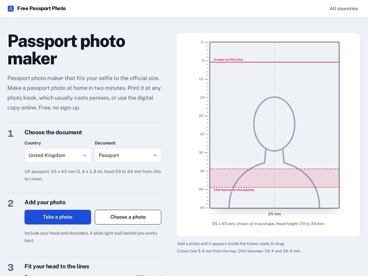Landing-page snapshot of freepassportphoto.app