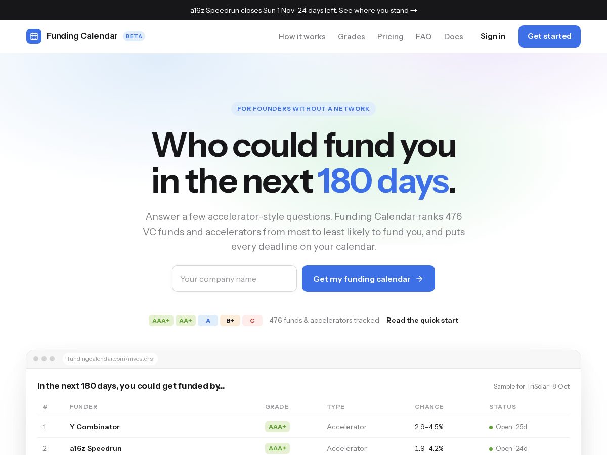 Landing-page snapshot of fundingcalendar.com