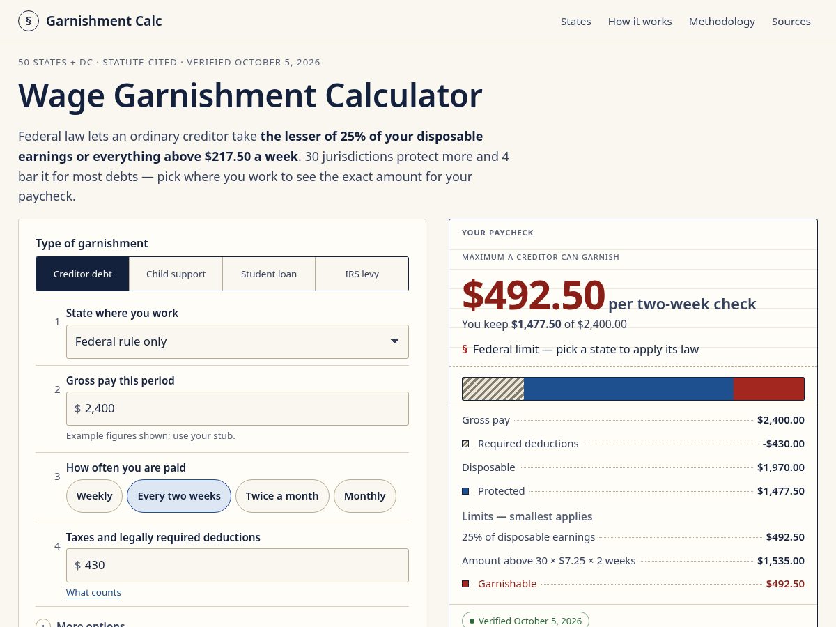 Landing-page snapshot of garnishmentcalc.com