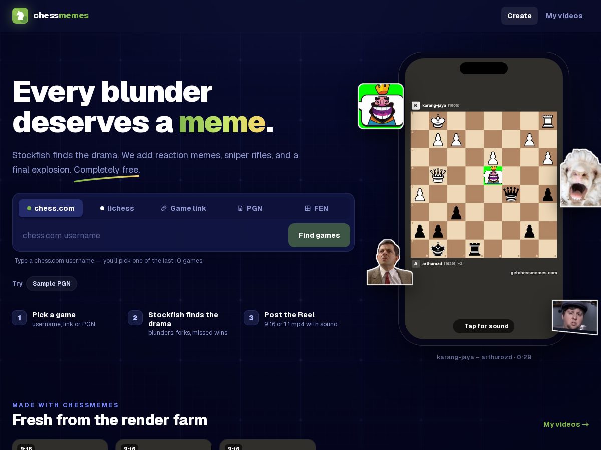 Landing-page snapshot of getchessmemes.com