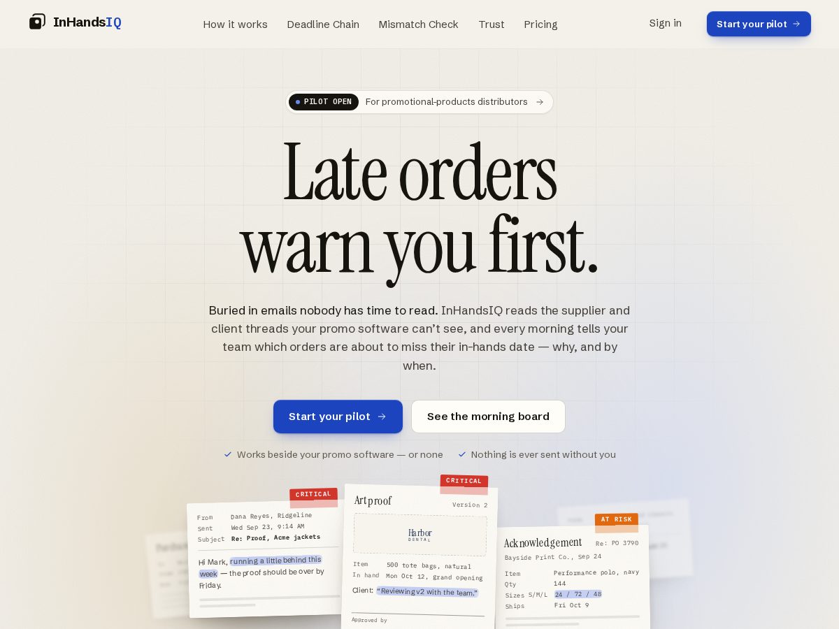 Landing-page snapshot of getinhandsiq.com