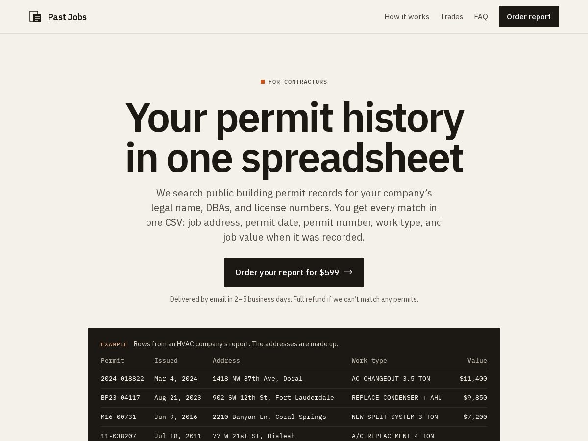 Landing-page snapshot of getpastjobs.com