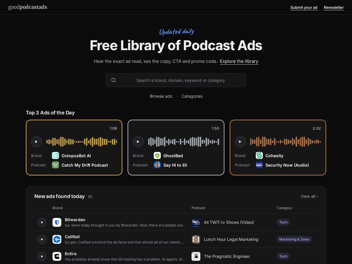 Landing-page snapshot of goodpodcastads.com