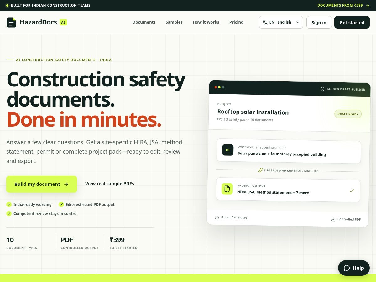 Landing-page snapshot of hazarddocs.com