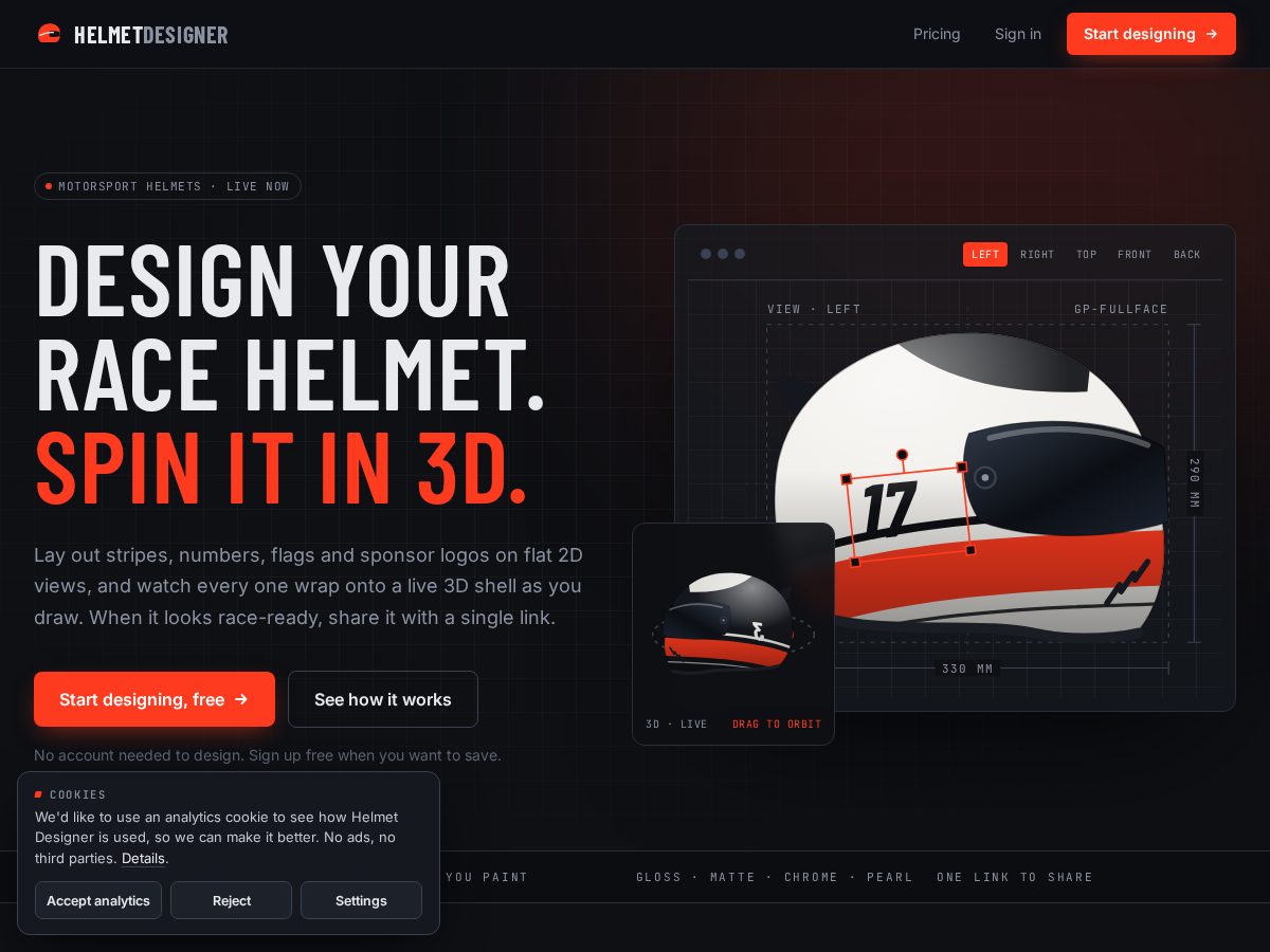 Landing-page snapshot of helmetdesigner.com