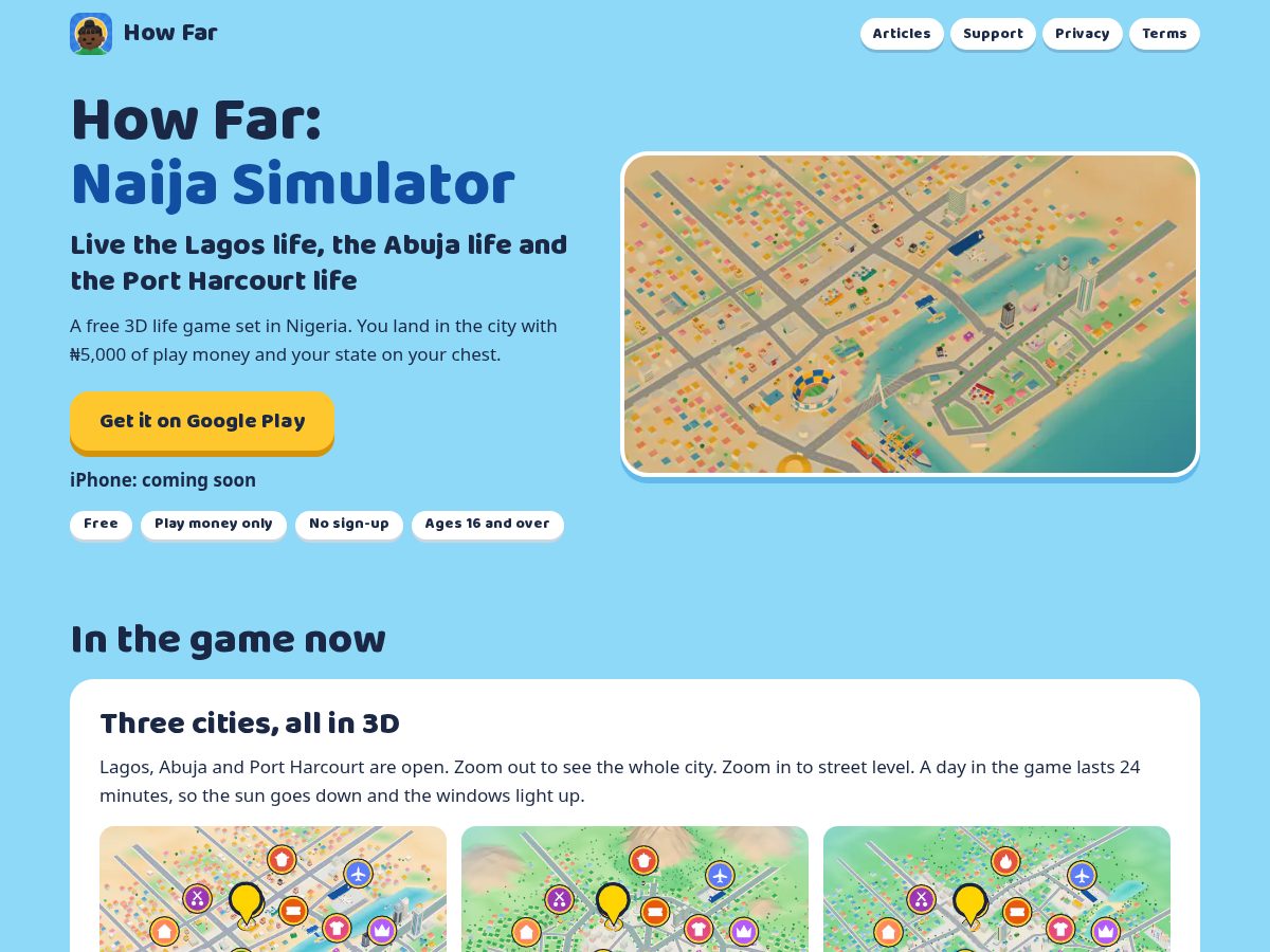 Landing-page snapshot of howfargame.app