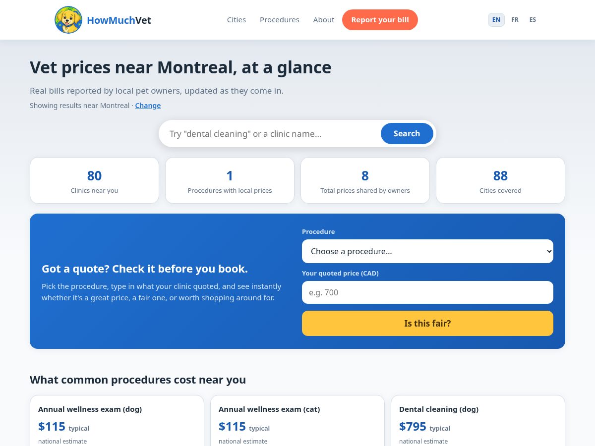 Landing-page snapshot of howmuchvet.com