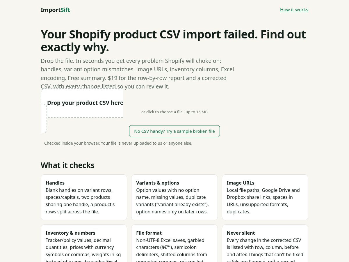 Landing-page snapshot of importsift.com