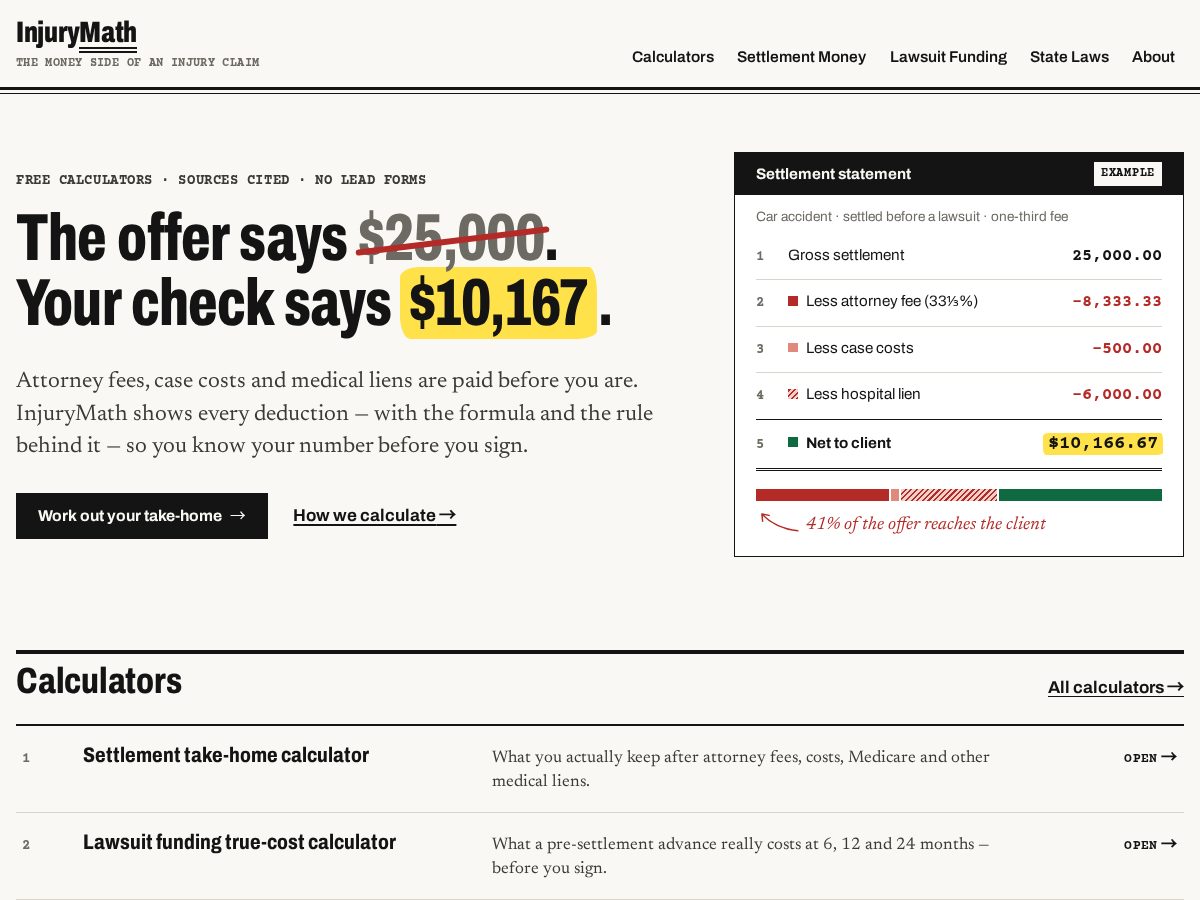 Landing-page snapshot of injurymath.com