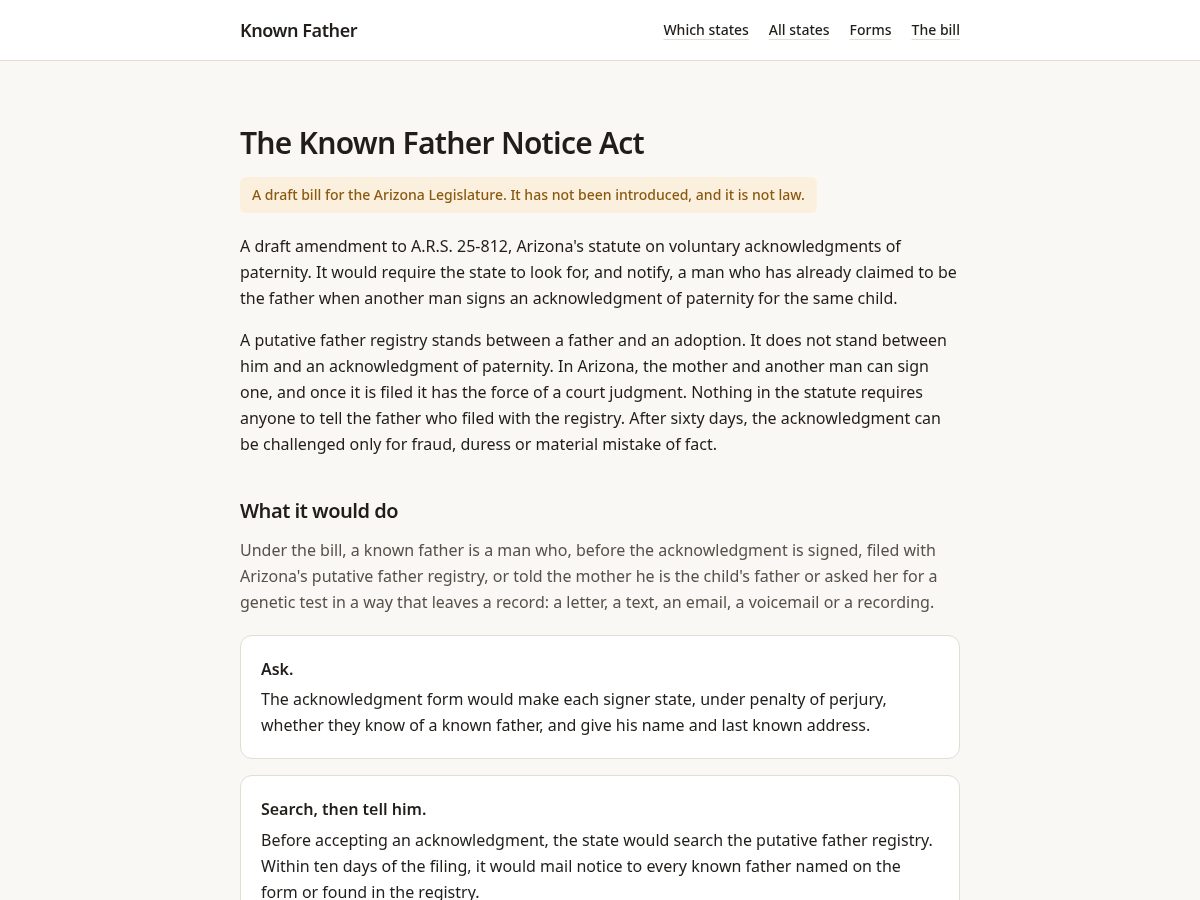 Landing-page snapshot of knownfatheract.org