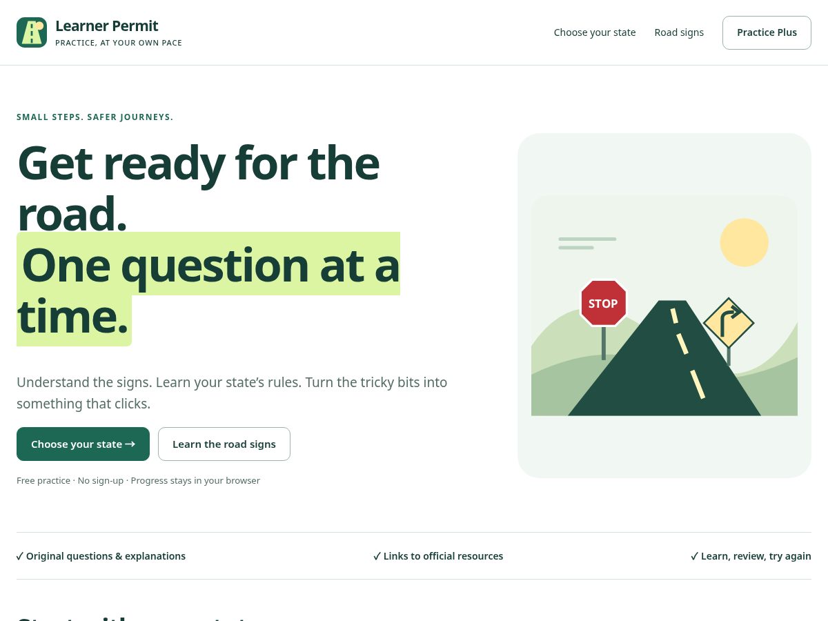 Landing-page snapshot of learnerspermitpracticetest.com