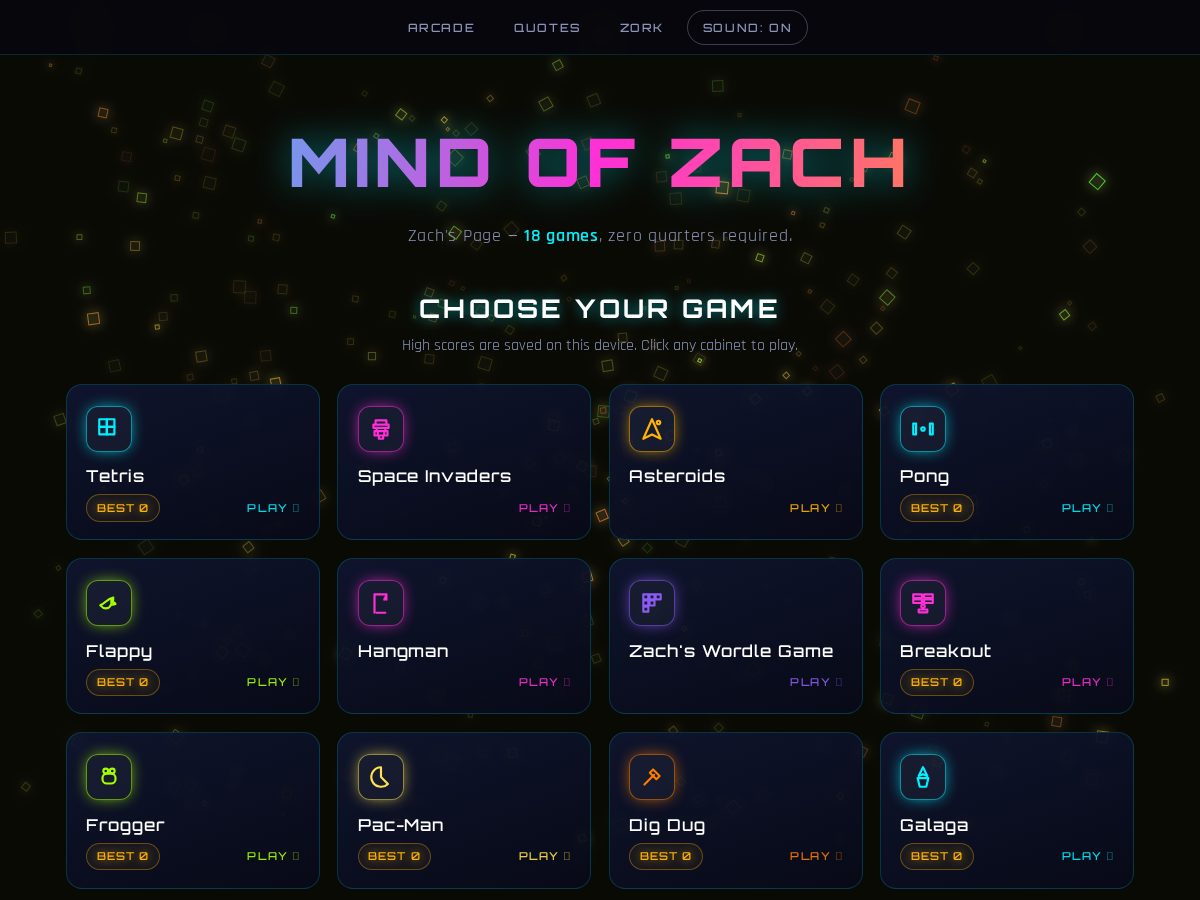 Landing-page snapshot of mindofzach.com