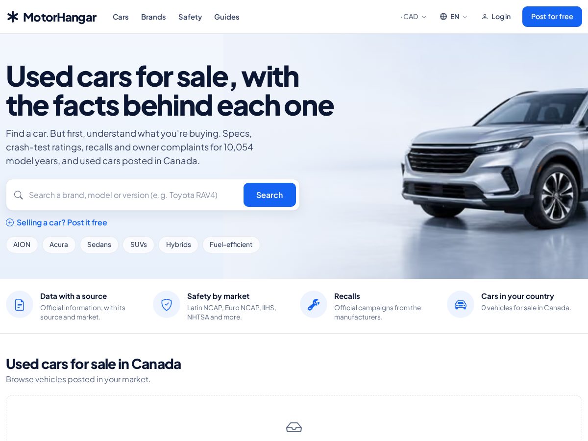 Landing-page snapshot of motorhangar.com
