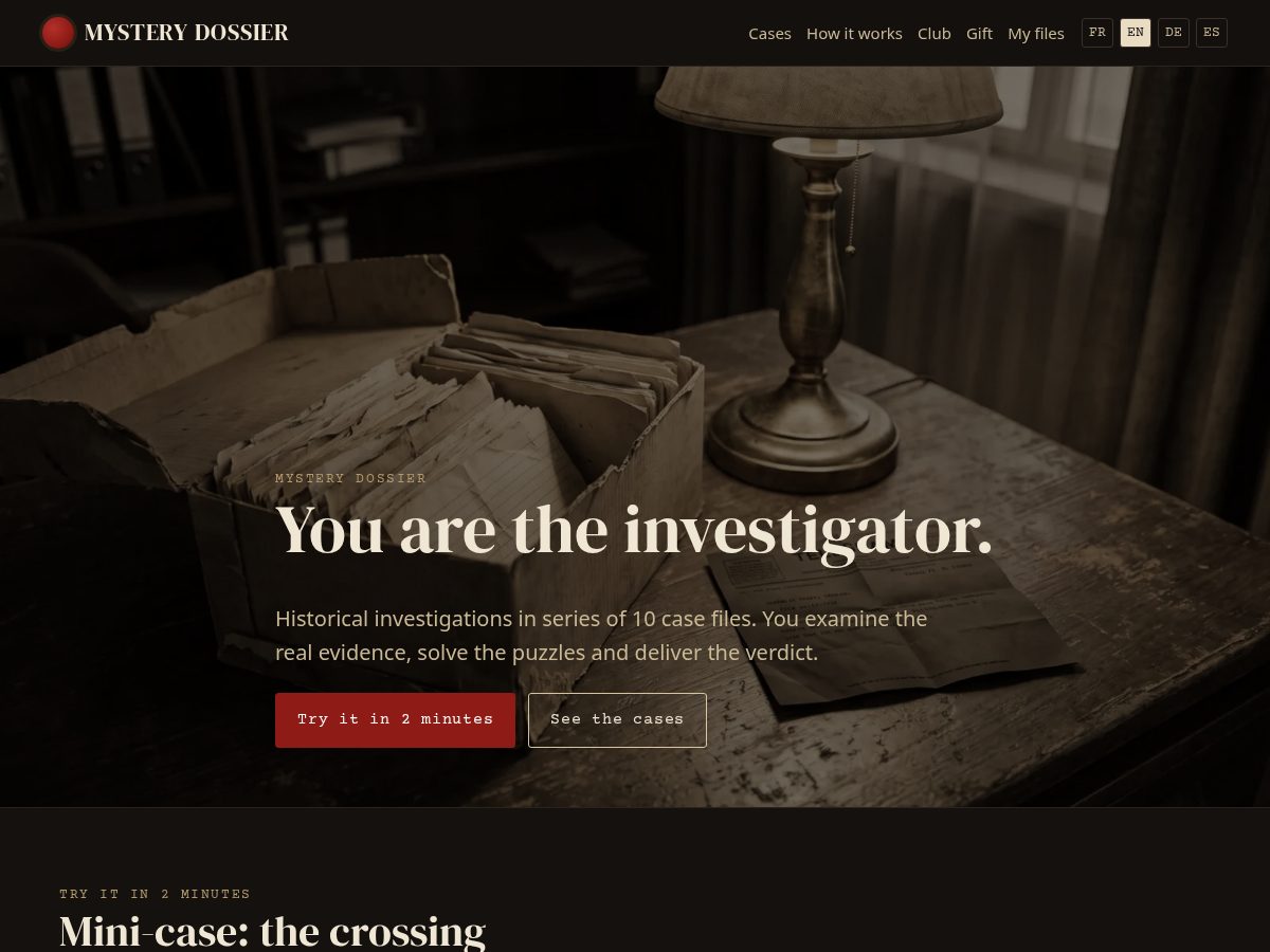 Landing-page snapshot of mysterydossier.com