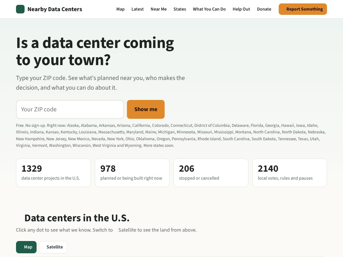 Landing-page snapshot of nearbydatacenters.com