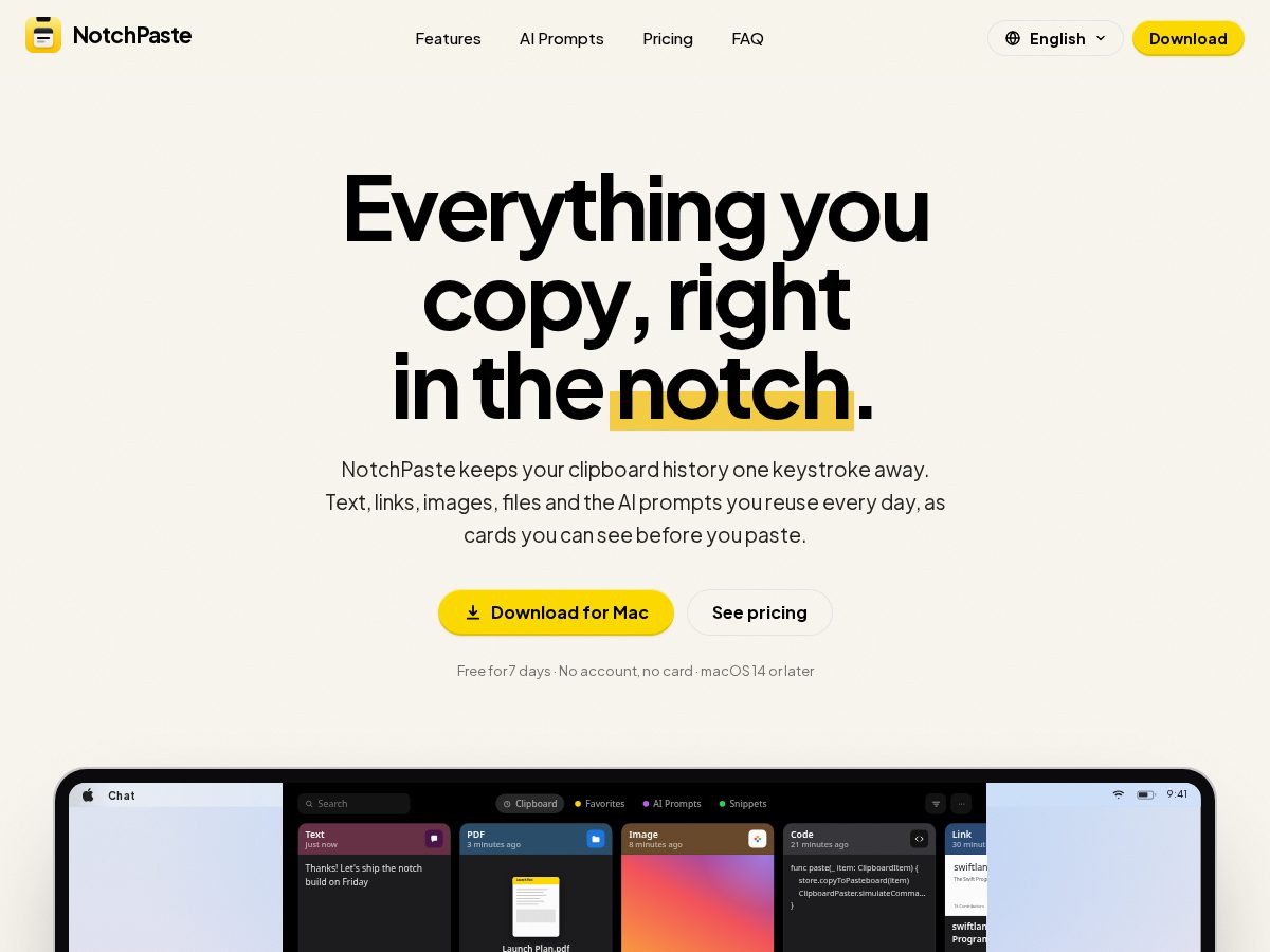 Landing-page snapshot of notchpaste.com