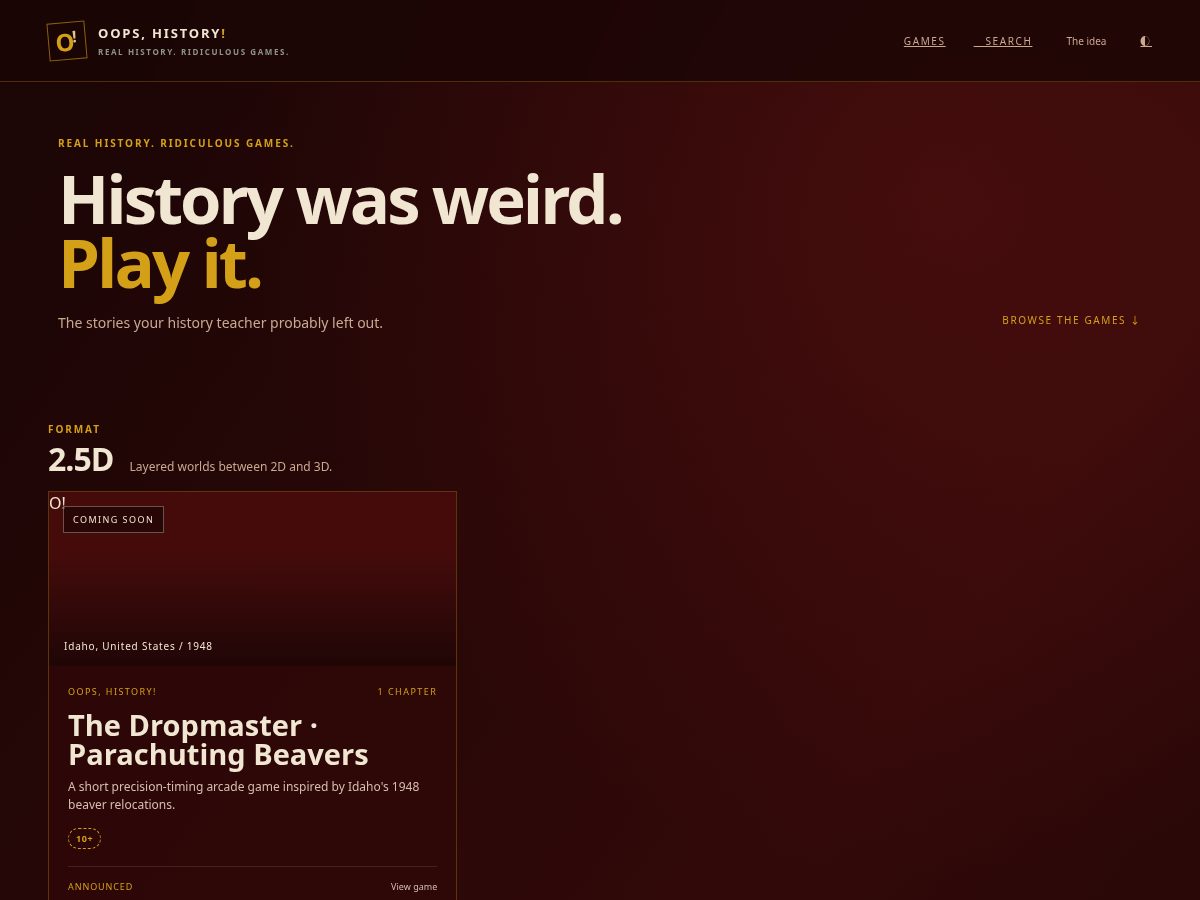 Landing-page snapshot of oopshistory.com