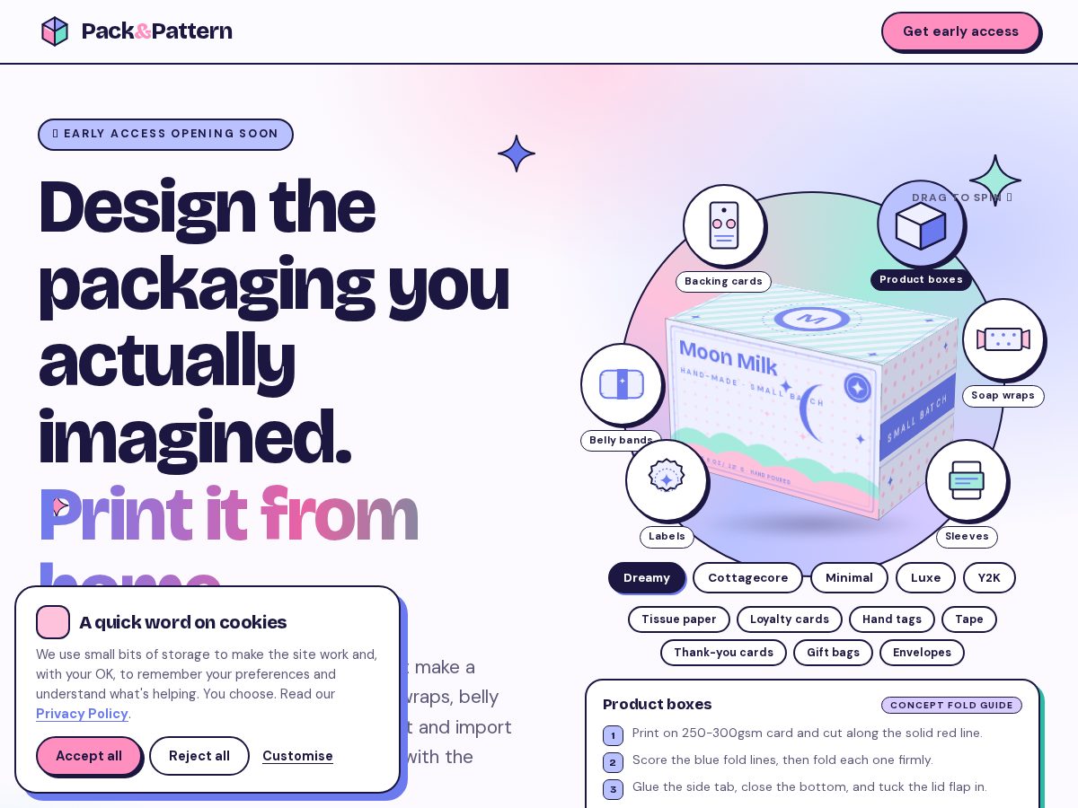 Landing-page snapshot of packandpattern.com