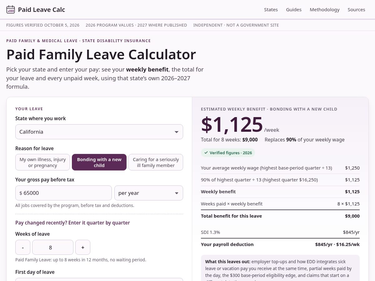 Landing-page snapshot of paidleavecalc.com