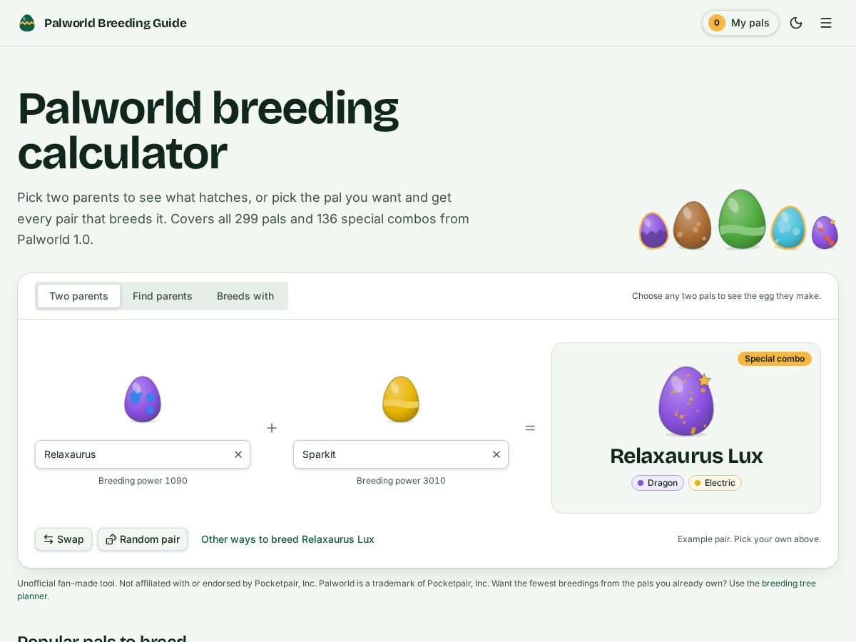 Landing-page snapshot of palworldbreedingguide.com
