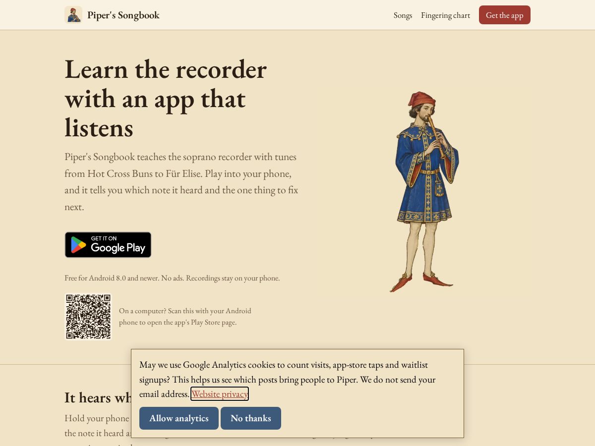 Landing-page snapshot of pipersongbook.com
