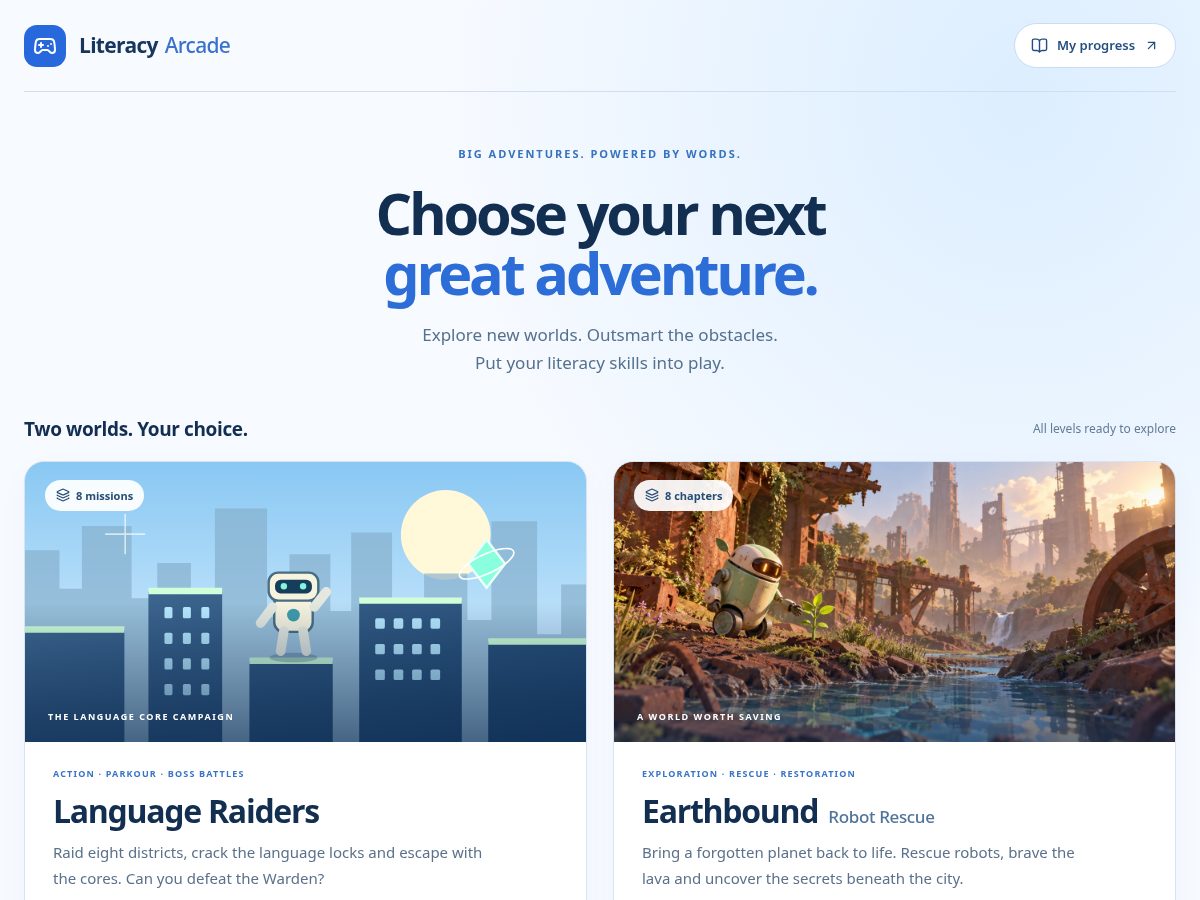 Landing-page snapshot of playliteracyarcade.com