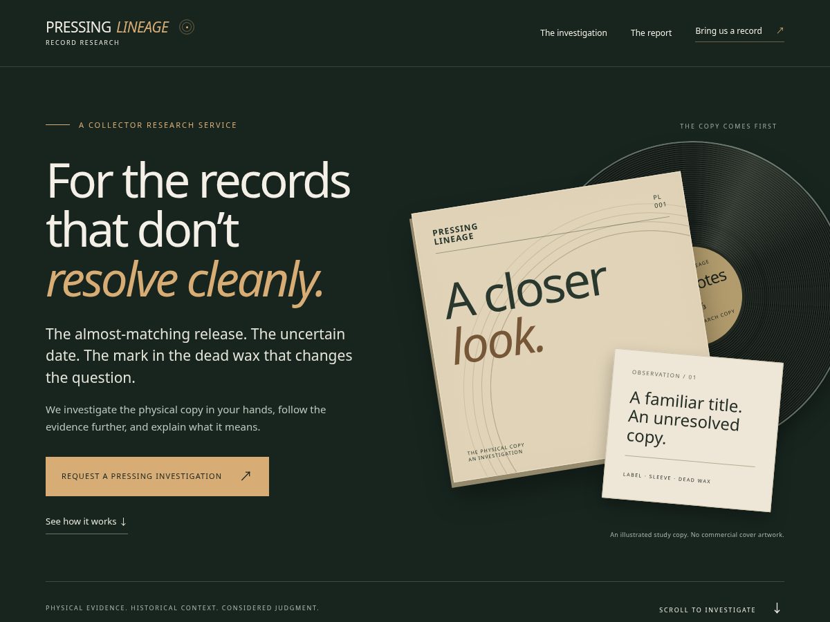 Landing-page snapshot of pressinglineage.com
