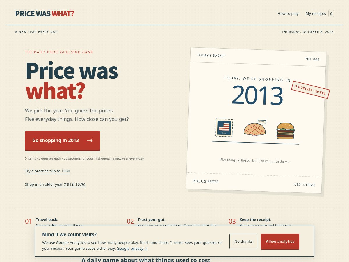 Landing-page snapshot of pricewaswhat.com