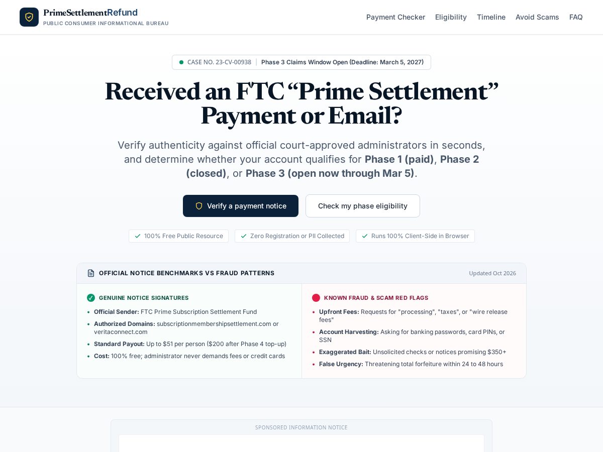 Landing-page snapshot of primesettlementrefund.com