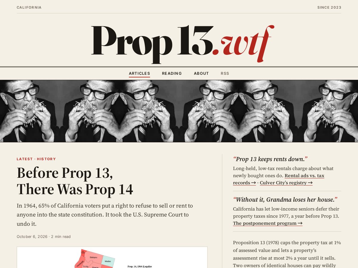 Landing-page snapshot of prop13data.org