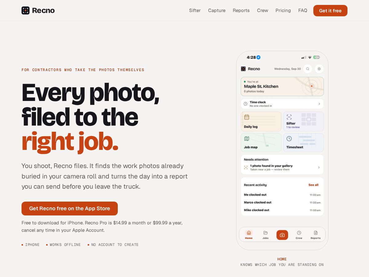 Landing-page snapshot of recno.app