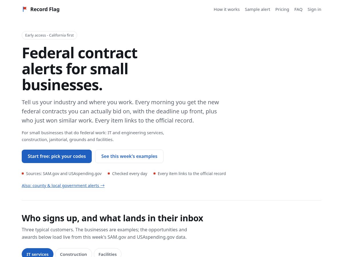 Landing-page snapshot of recordflag.com