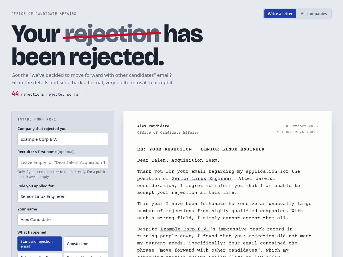 Landing-page snapshot of rejectionrejected.lol