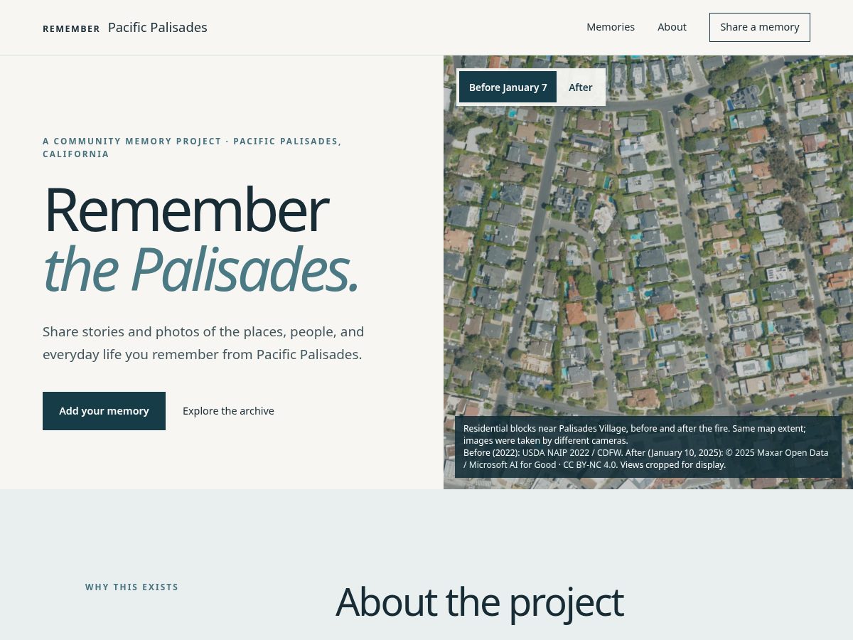 Landing-page snapshot of rememberpalisades.org