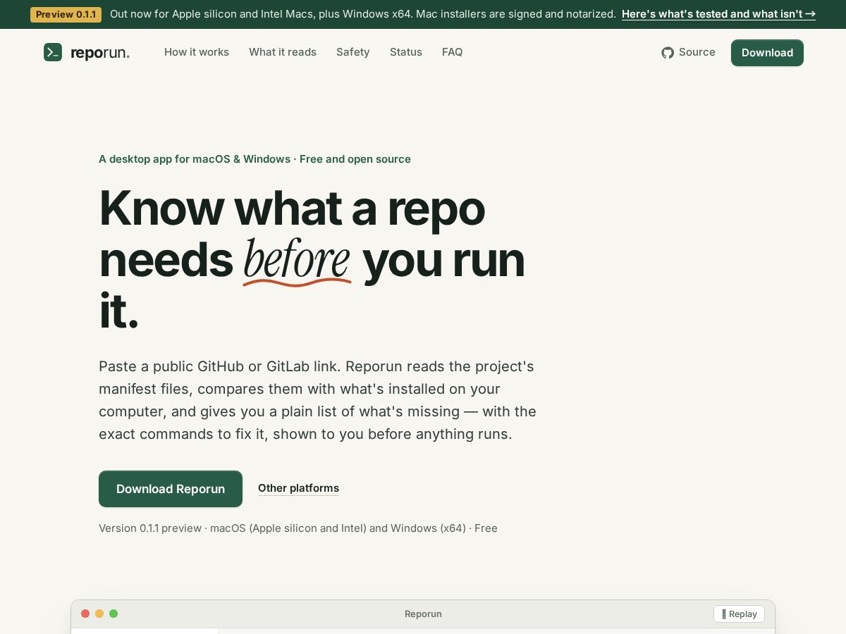 Landing-page snapshot of reporun.app