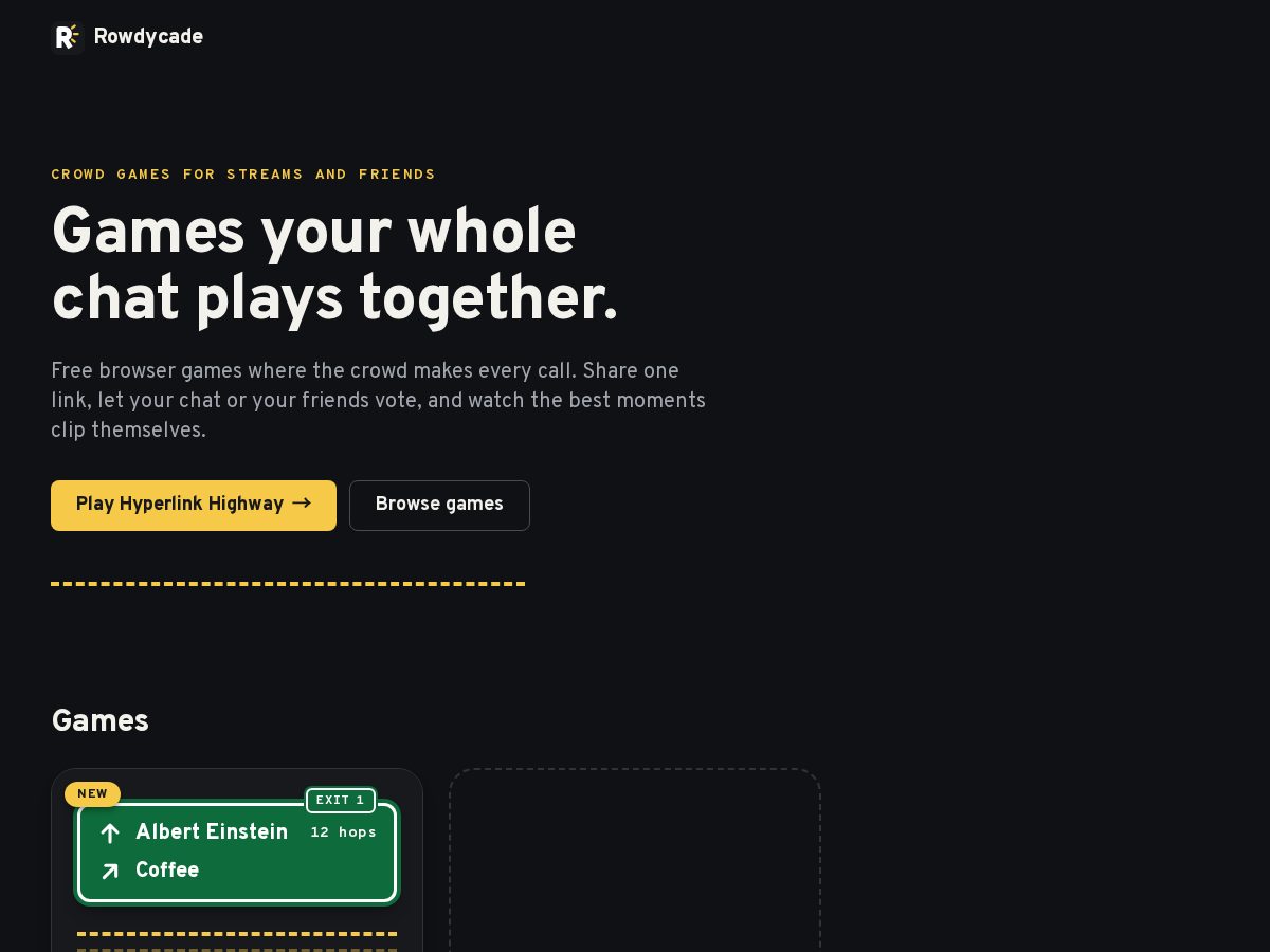 Landing-page snapshot of rowdycade.com
