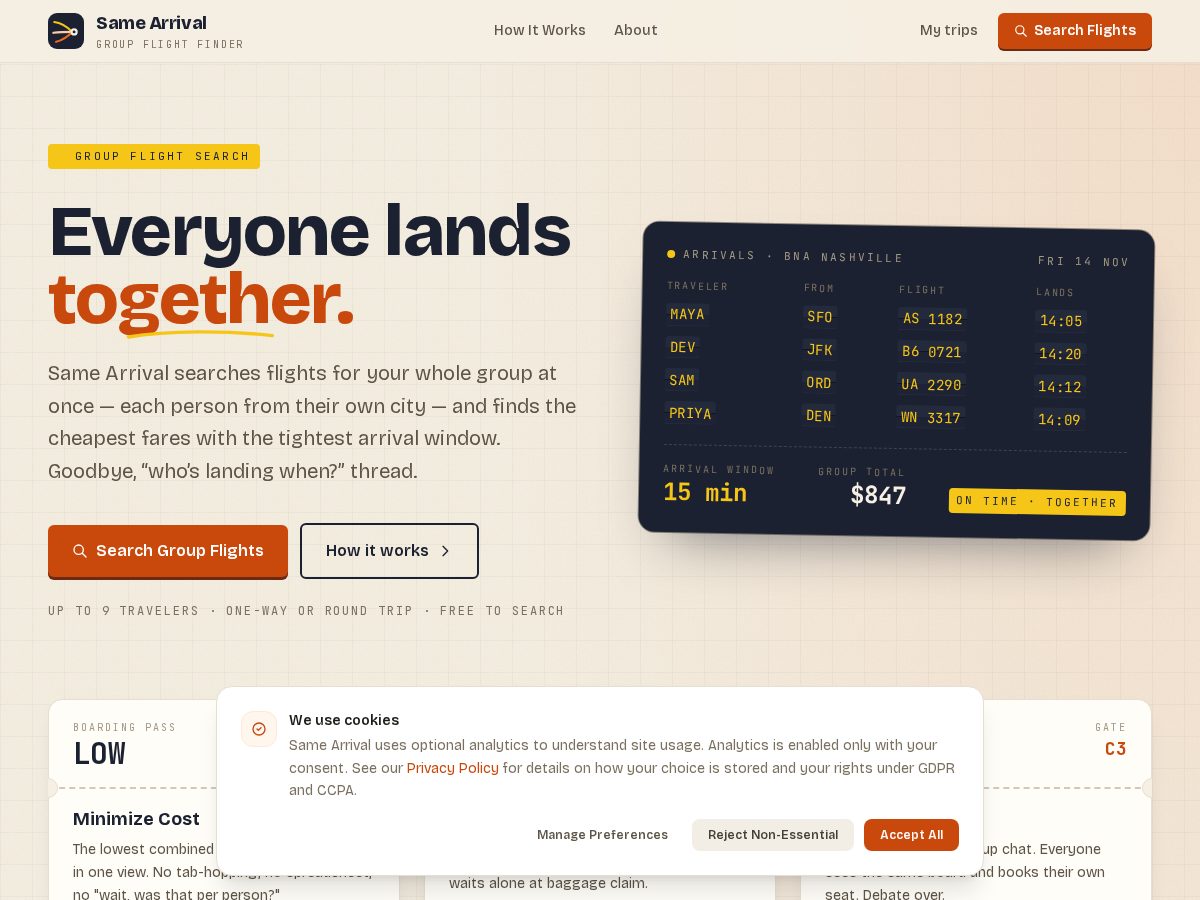 Landing-page snapshot of samearrival.com