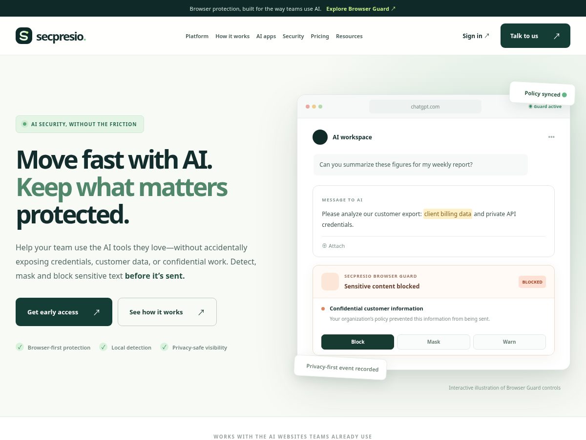 Landing-page snapshot of secpresio.com