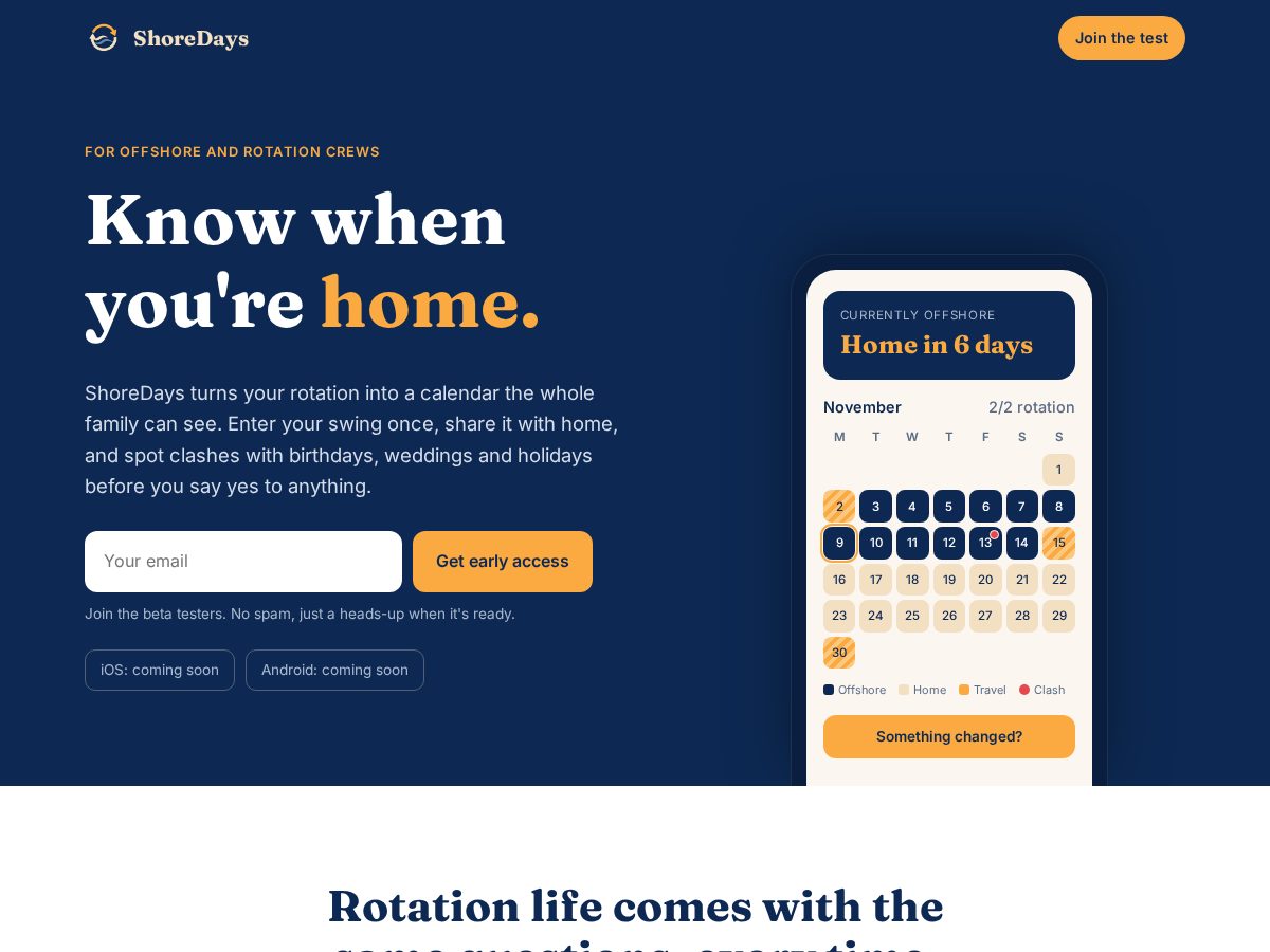 Landing-page snapshot of shoredays.app